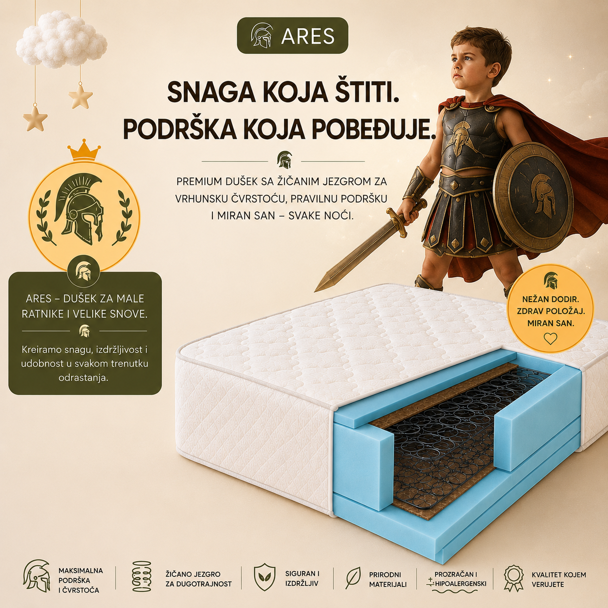 Dečiji dušek ARES sa žičanim jezgrom, dečak u kostimu ratnika, premium dušek za pravilnu podršku kičmi, dugotrajnost i miran san.