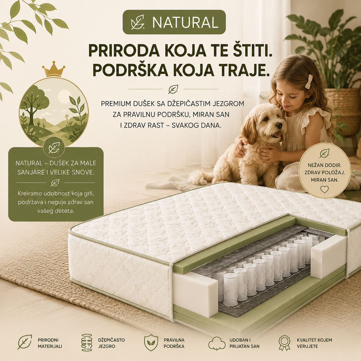 Dečiji dušek Natural sa džepičastim jezgrom, prirodni materijali i nežna zelena prirodna atmosfera. Premium Woodland dušek za pravilan razvoj kičme, zdrav san i udobnost dece.