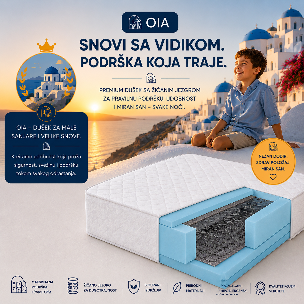 Dečiji dušek OIA sa žičanim jezgrom prikazan kroz moderan vizual u belim i plavim tonovima. Istaknuti su naziv modela, slogan o dugotrajnoj podršci, presek dušeka sa slojevima i ključne prednosti poput maksimalne čvrstoće, prozračnosti, prirodnih materijala i hipoalergenskih svojstava.