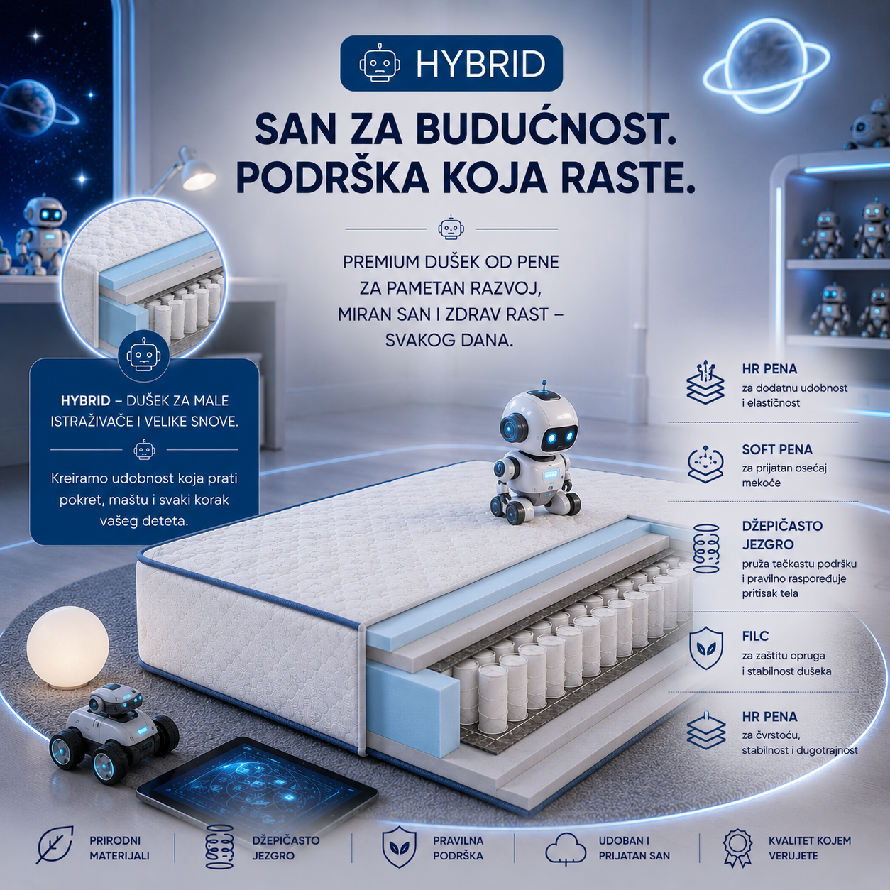 Presek Woodland Hybrid dečijeg dušeka sa hibridnom konstrukcijom, džepičastim oprugama i HR penom za optimalnu ergonomiju, ventilaciju, dugotrajnost i zdrav razvoj dece.