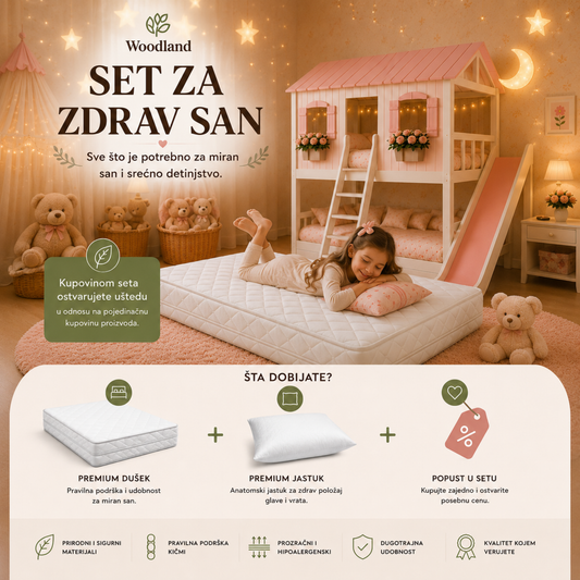 Woodland Set za zdrav san u nežnoj dečijoj sobi. Devojčica odmara na premium dušeku ispred roze kućice kreveta. Vizual prikazuje premium dušek, anatomski jastuk i pogodnost kupovine seta po posebnoj ceni.