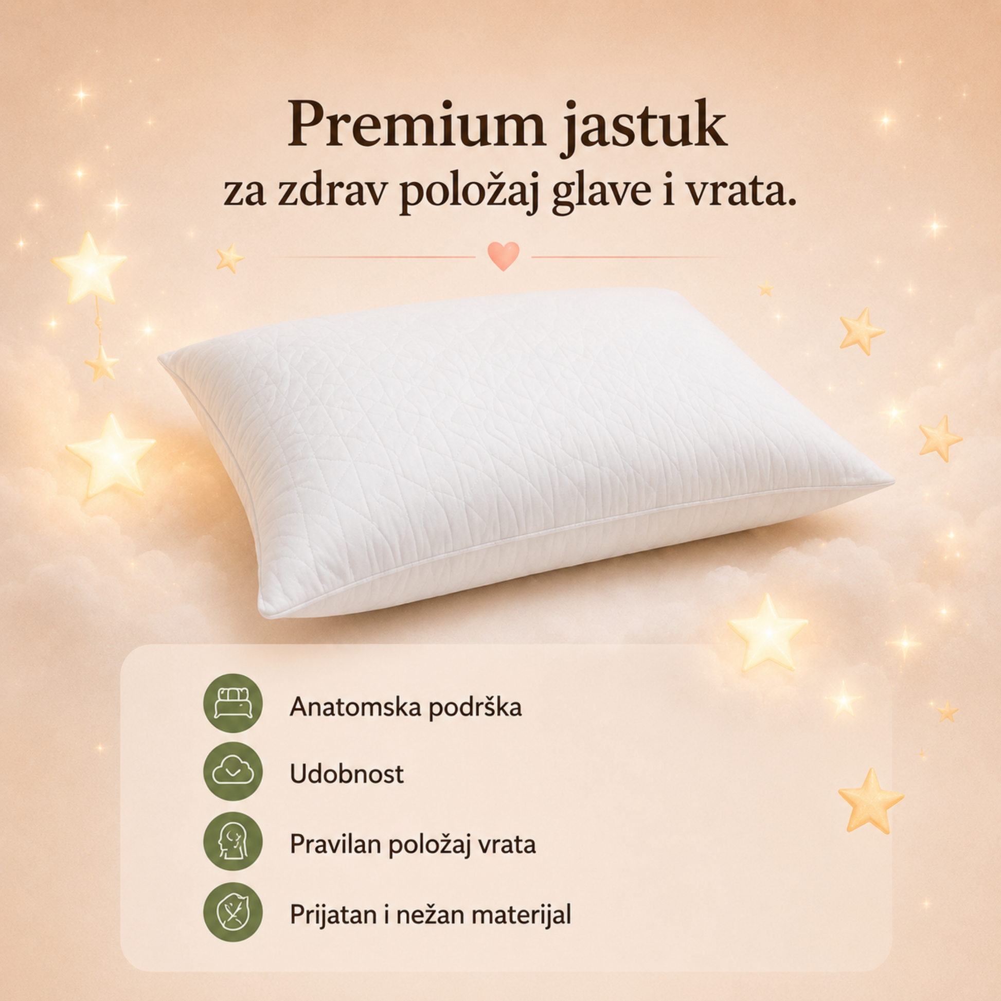 Premium jastuk

Premium Woodland anatomski jastuk predstavljen na mekanim oblacima. Vizual naglašava anatomski oblik, udobnost, pravilan položaj vrata i prijatan materijal za kvalitetan san.