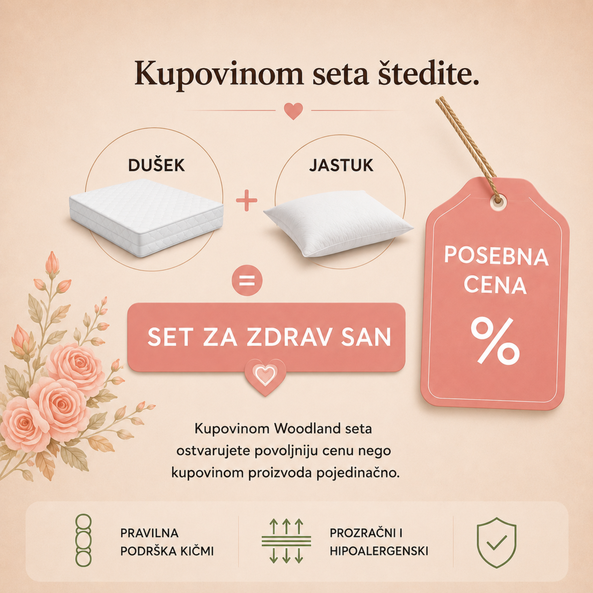 Kupovinom seta štedite

Vizual prikazuje Woodland premium dušek i anatomski jastuk objedinjene u Woodland Set za zdrav san uz posebnu cenu. Naglašena je finansijska ušteda kupovinom kompleta u odnosu na pojedinačnu kupovinu proizvoda.