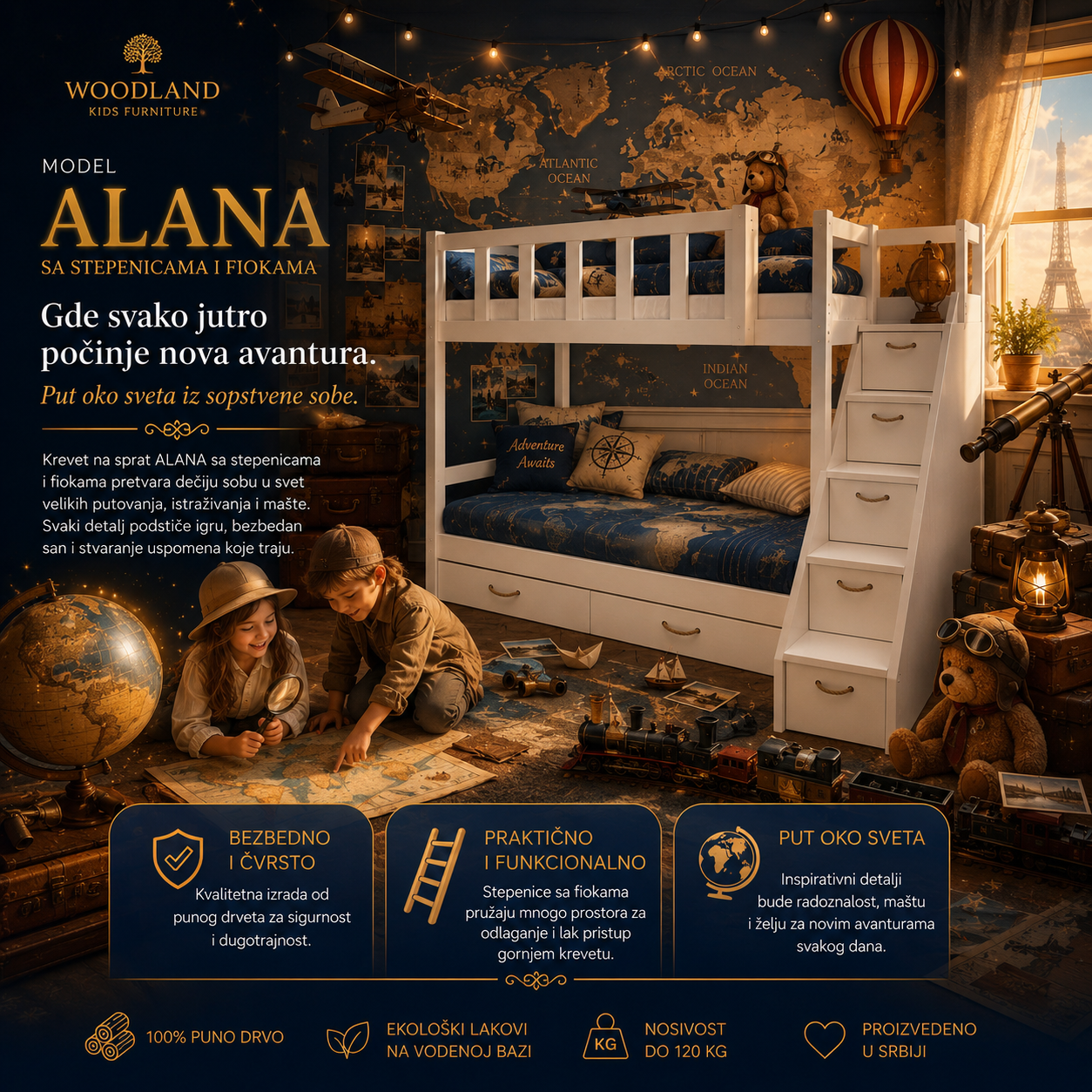 Deciji krevet na sprat ALANA sa stepenicama i fiokama od punog drveta za dvoje dece.
