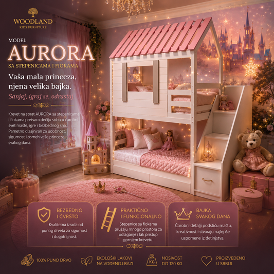 Deciji krevet kucica na sprat AURORA sa stepenicama i fiokama od punog drveta Woodland.
