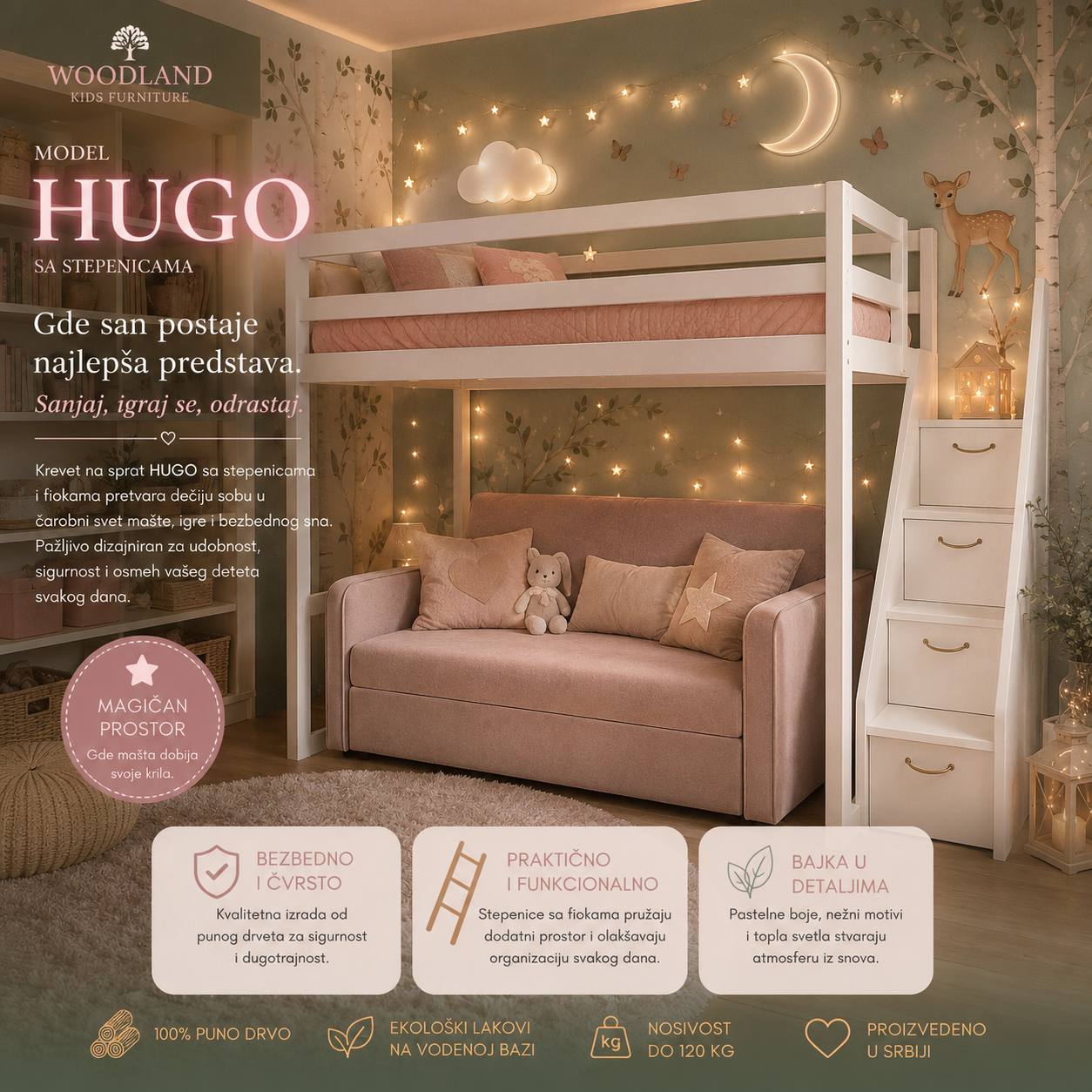 Deciji krevet na sprat HUGO od punog drveta sa modernim dizajnom za funkcionalnu deciju sobu.
