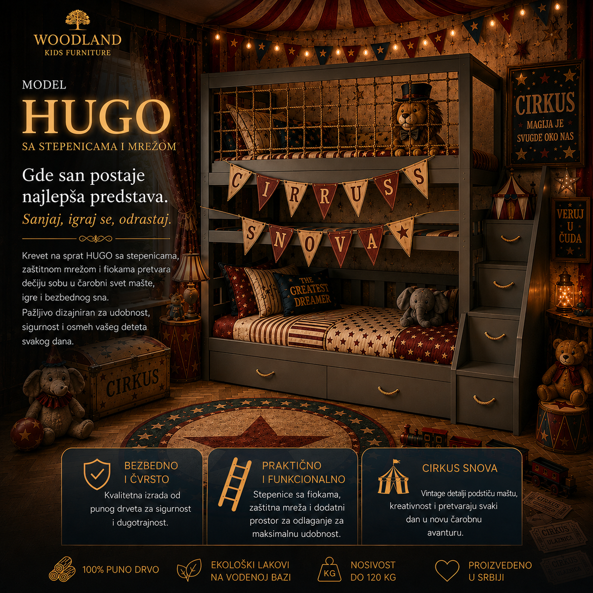 Deciji krevet na sprat HUGO sa stepenicama, zastitnom mrezom i fiokama od punog drveta.
