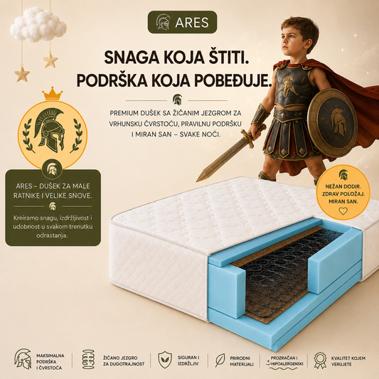 Dečiji dušek ARES sa žičanim jezgrom, dečak u kostimu ratnika, premium dušek za pravilnu podršku kičmi, dugotrajnost i miran san.

