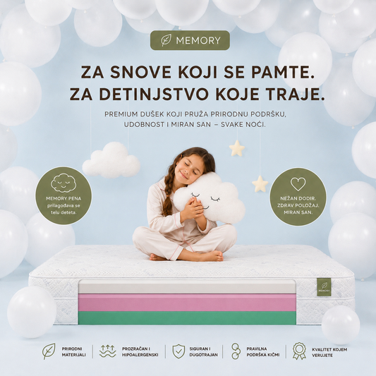 MEMORY dečiji dušek od pene sa memory slojem, devojčica sedi na dušeku u svetloplavom ambijentu sa belim balonima. Premium dušek za zdrav razvoj kičme, miran san i anatomsku podršku dece.

