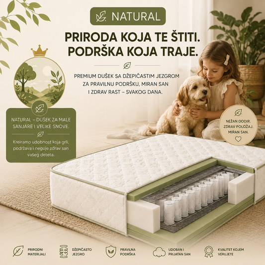 Dečiji dušek Natural sa džepičastim jezgrom, prirodni materijali i nežna zelena prirodna atmosfera. Premium Woodland dušek za pravilan razvoj kičme, zdrav san i udobnost dece.

