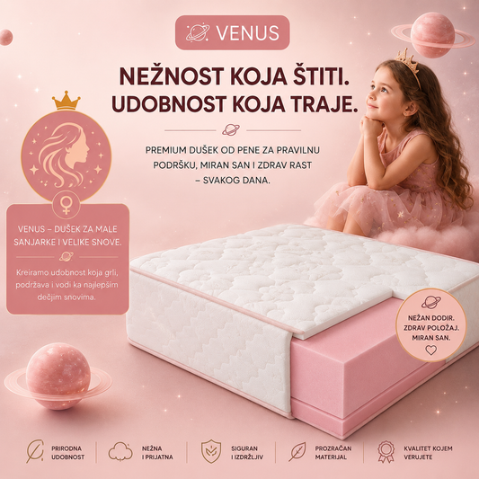 Dečiji dušek VENUS predstavljen u nežnim roze tonovima inspirisanim planetom Venerom. Vizual prikazuje premium dušek od pene sa elegantnim dizajnom, sloganom o nežnosti i udobnosti, simbolima planete i istaknutim prednostima poput sigurnosti, prozračnosti, dugotrajnosti i kvalitetnih materijala za zdrav dečiji san.

