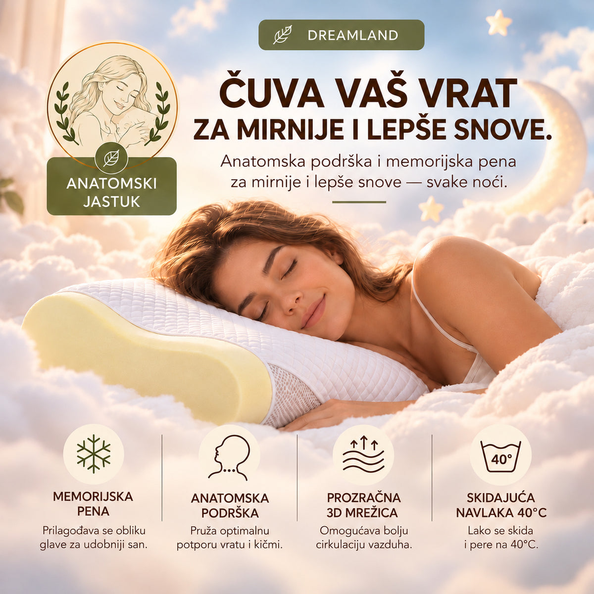 WOODLAND DREAMLAND anatomski jastuk od memorijske pene sa skidajućom navlakom, prikazan uz ženu koja mirno spava na jastuku u ambijentu oblaka, uz prikaz anatomske potpore vratu, prozračne 3D mrežice i navlake perive na 40°C


