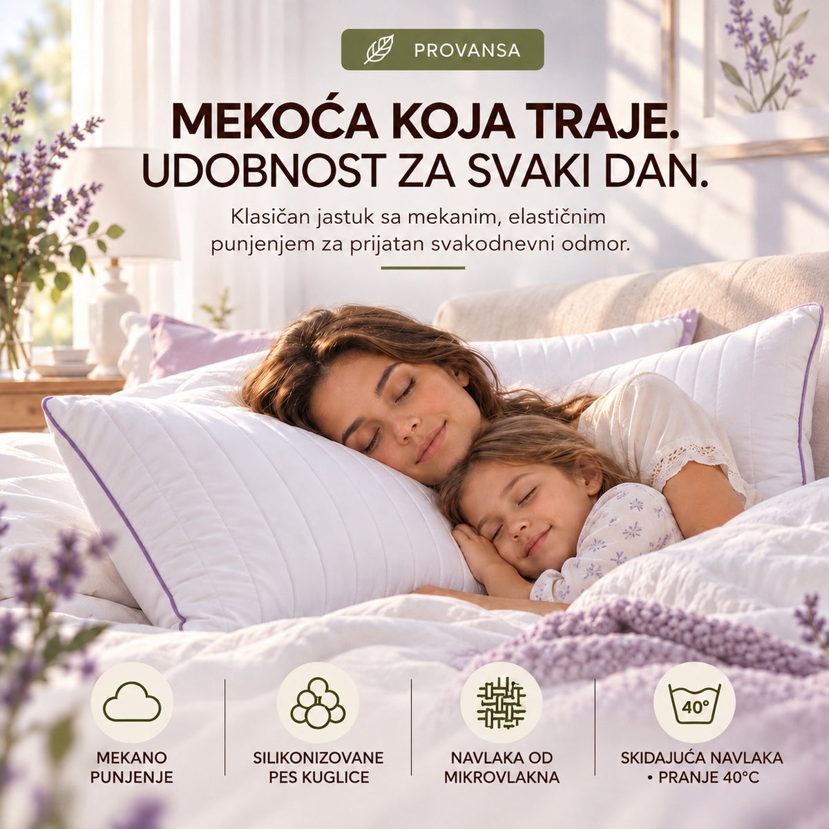 WOODLAND PROVANSA klasičan jastuk sa mekanim punjenjem od silikonizovanih PES kuglica i navlakom od mikrovlakna.