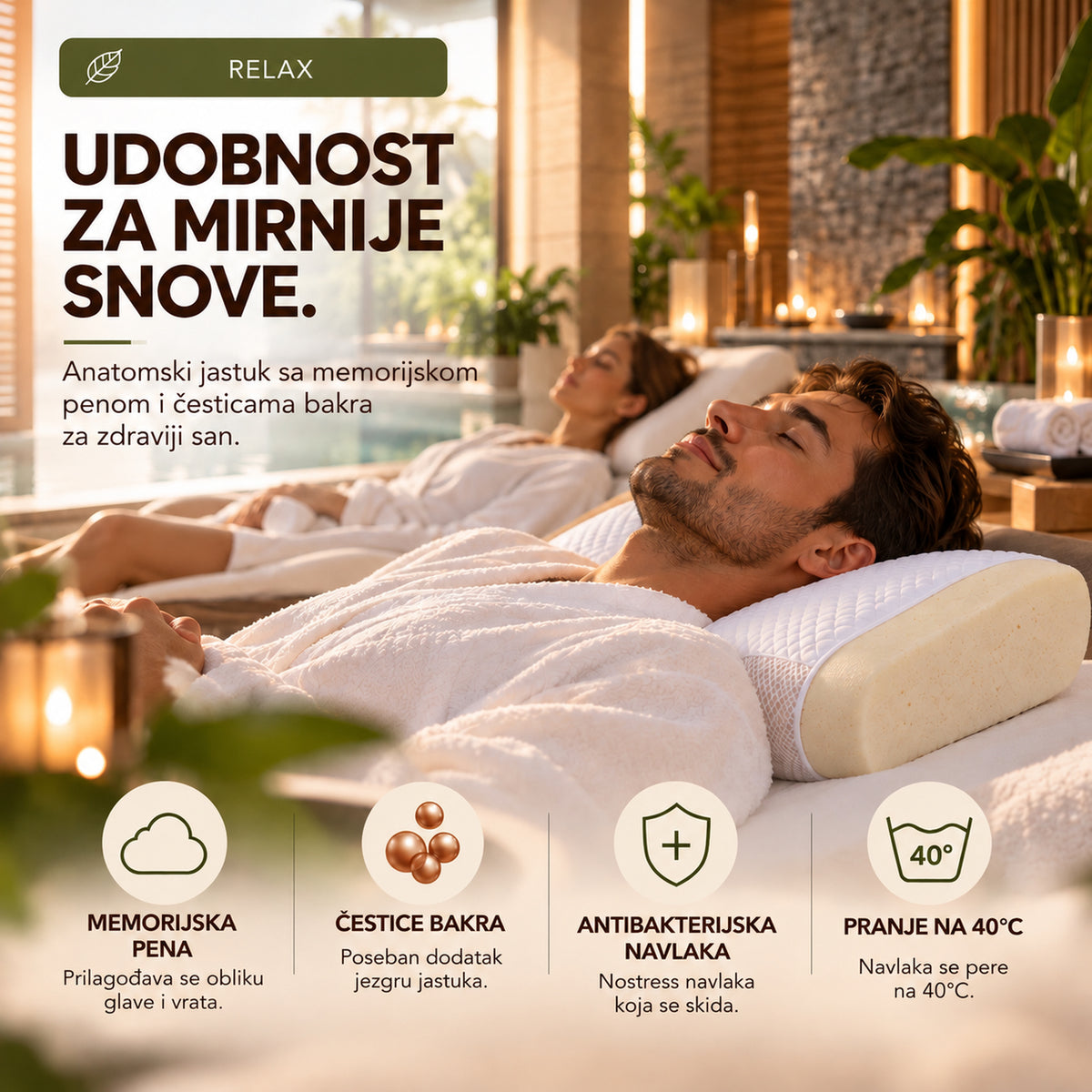 WOODLAND RELAX anatomski jastuk od memorijske pene sa česticama bakra, skidajuća Nostress navlaka periva na 40°C i anatomska potpora glavi i vratu.

