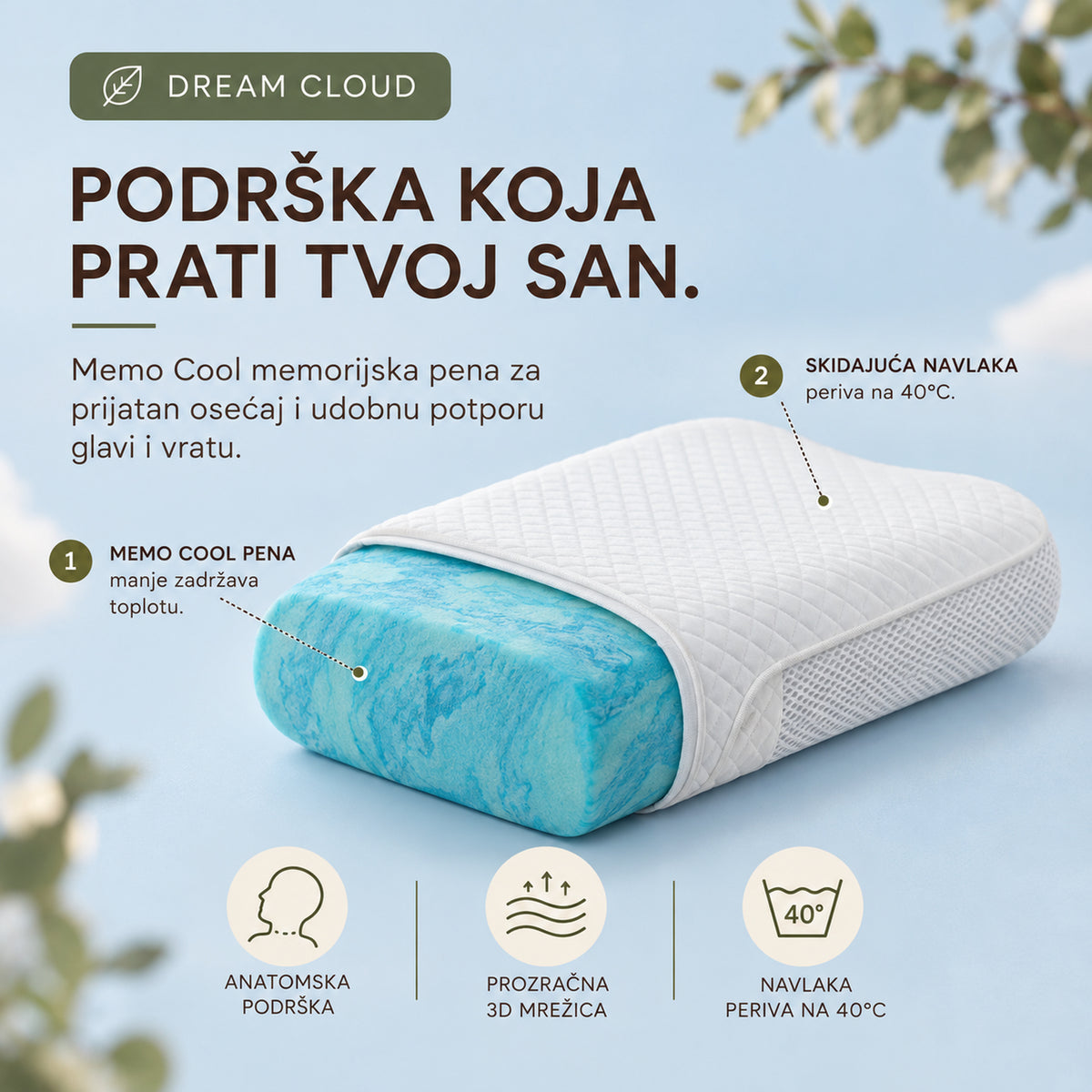 Dream Cloud – Anatomski jastuk od memorijske pene | Woodland
