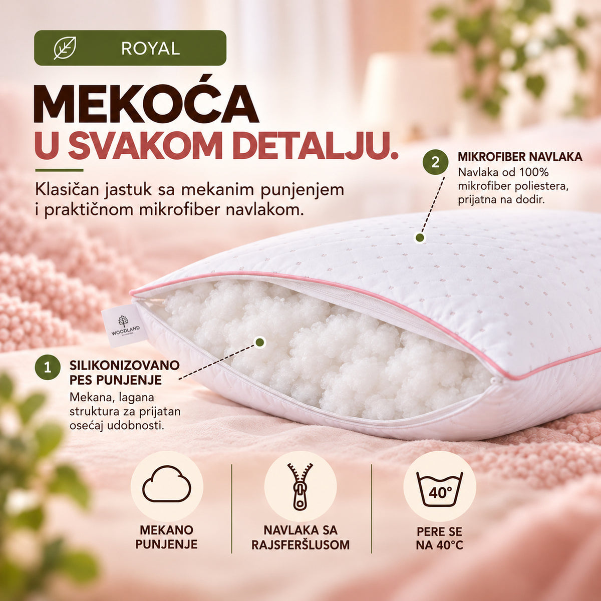 WOODLAND ROYAL klasičan jastuk sa punjenjem od silikonizovanog poliestera i mikrofiber navlakom koja se skida i pere na 40°C