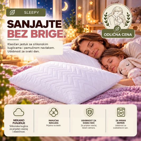 WOODLAND SLEEPY klasičan jastuk sa belom pamučnom navlakom i punjenjem od silikonskih kuglica.
