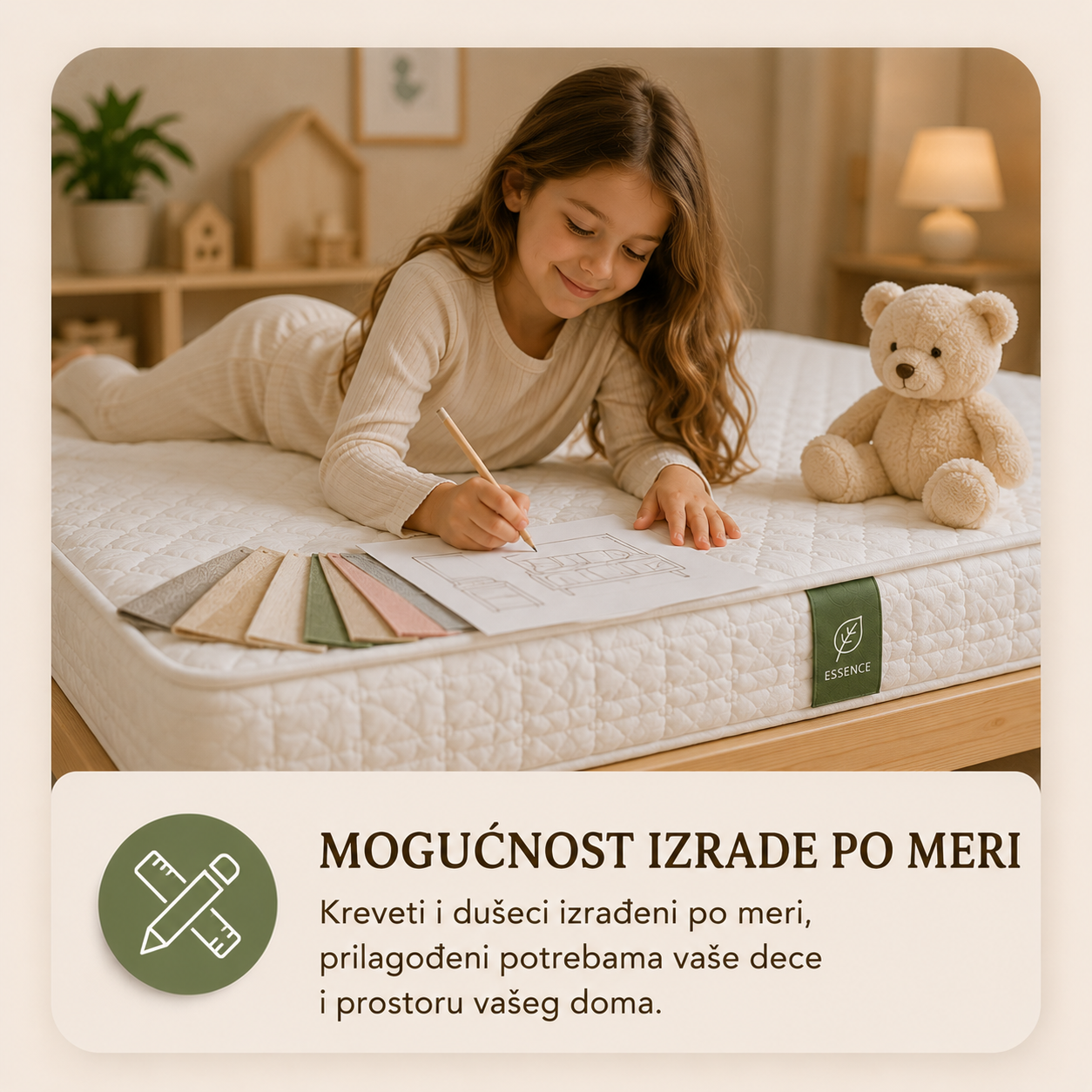 Devojčica crta ideju dečije sobe na premium dušeku Woodland Essence. Vizual prikazuje mogućnost izrade kreveta i dušeka po meri, prilagođenih potrebama deteta i prostoru doma.

