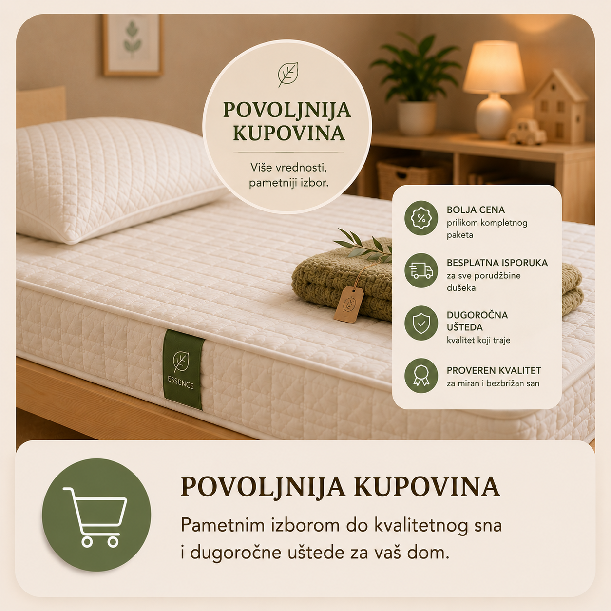 Woodland Set za zdrav san sa premium dečijim dušekom Essence i jastukom Sleepy. Vizual prikazuje povoljniju kupovinu kompleta, besplatnu isporuku za sve porudžbine dušeka i dugoročnu uštedu uz vrhunski kvalitet.

