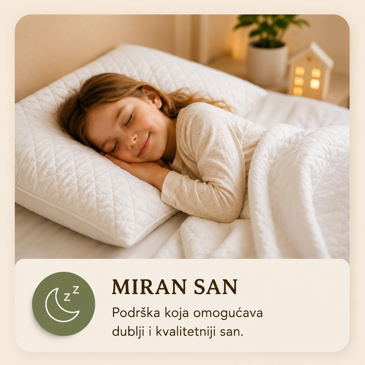 Devojčica spava na premium jastuku Sleepy i Woodland Essence dušeku. Vizual prikazuje miran, udoban i kvalitetan san u toplom ambijentu dečije sobe.

