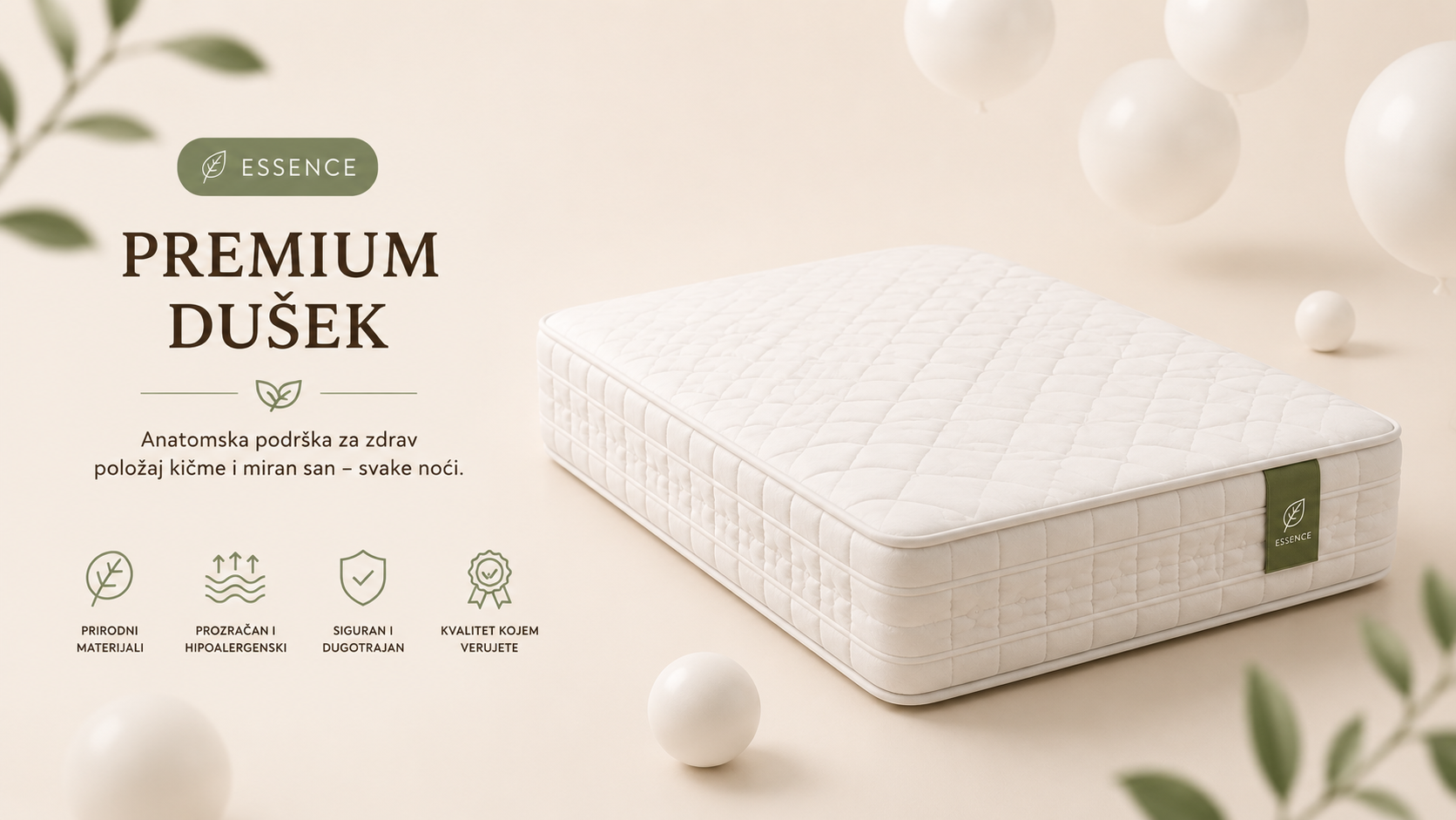 Premium dečiji dušek Woodland Essence sa anatomskom podrškom za pravilan položaj kičme i miran san. Moderan vizual na bež pozadini sa minimalističkim dizajnom.

