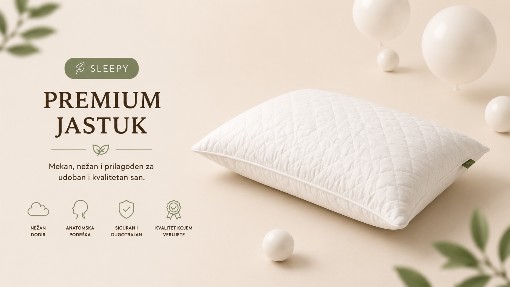 Premium dečiji jastuk Sleepy za udoban i kvalitetan san. Mekan, prozračan jastuk sa anatomskom podrškom prikazan u elegantnom minimalističkom vizualu na bež pozadini.


