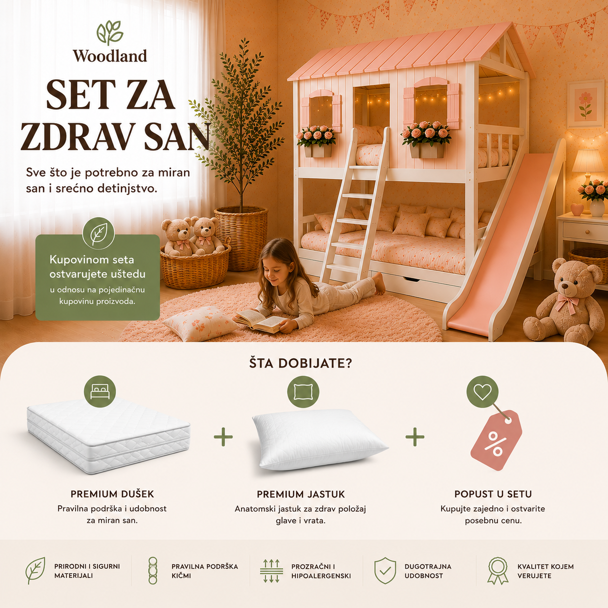 Dečiji krevet kućica sa toboganom od punog drveta u moderno uređenoj dečijoj sobi. Woodland Dream Room krevet za igru, odmor i bezbrižno detinjstvo.

