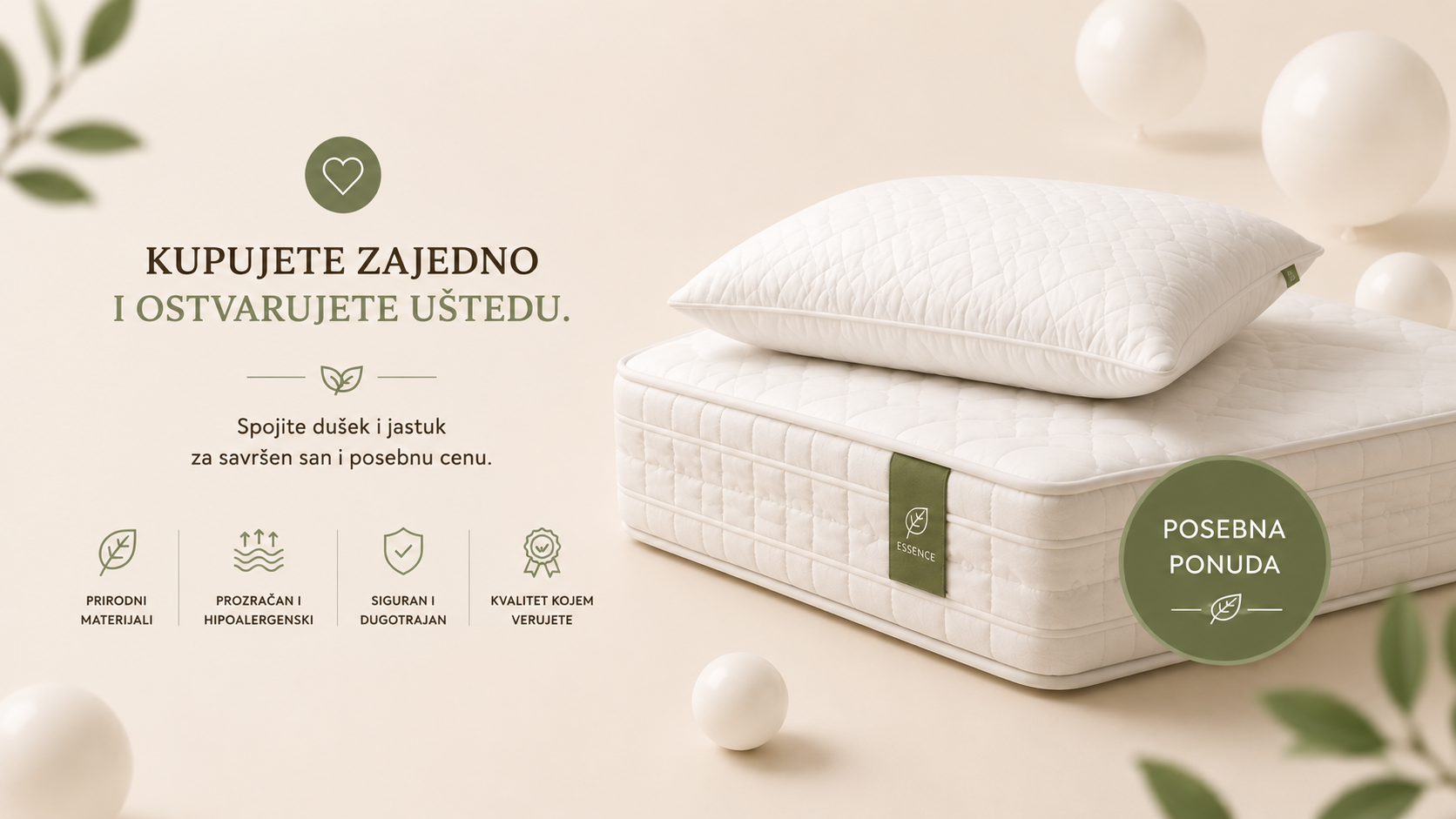 Woodland Set za zdrav san koji uključuje premium dečiji dušek Essence i jastuk Sleepy. Bundle ponuda za zdraviji san, veću udobnost i uštedu pri zajedničkoj kupovini.

