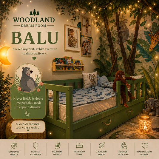 Dečiji krevet BALU od punog drveta sa fiokom u safari i džungla sobi, Woodland Dream Room kolekcija za male istraživače.

