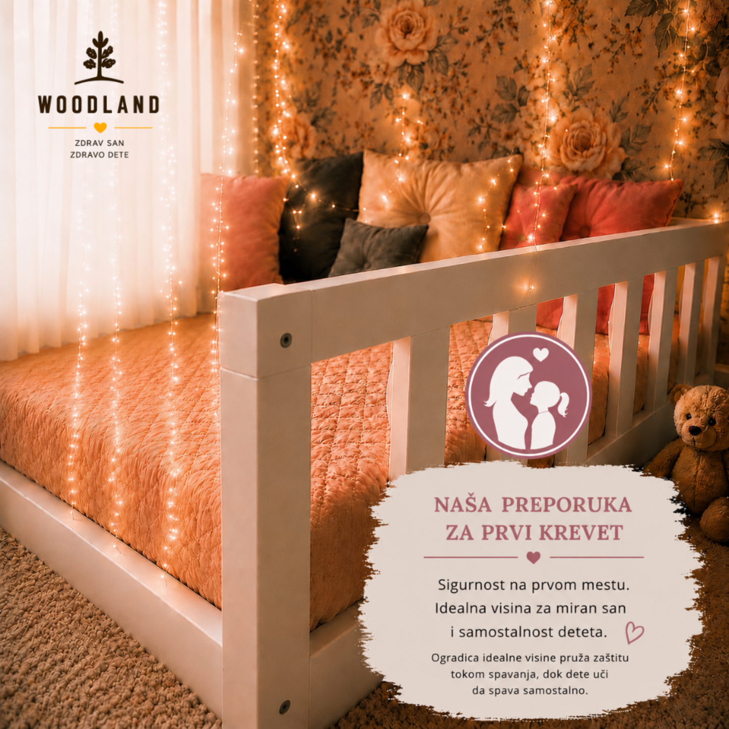 Naša preporuka za prvi krevet

Beli dečiji krevet DORI sa zaštitnim ogradicama u nežno uređenoj sobi. Vizual naglašava sigurnost, idealnu visinu za prohodavanje i bezbedan prelazak iz kreveca u prvi veliki krevet.