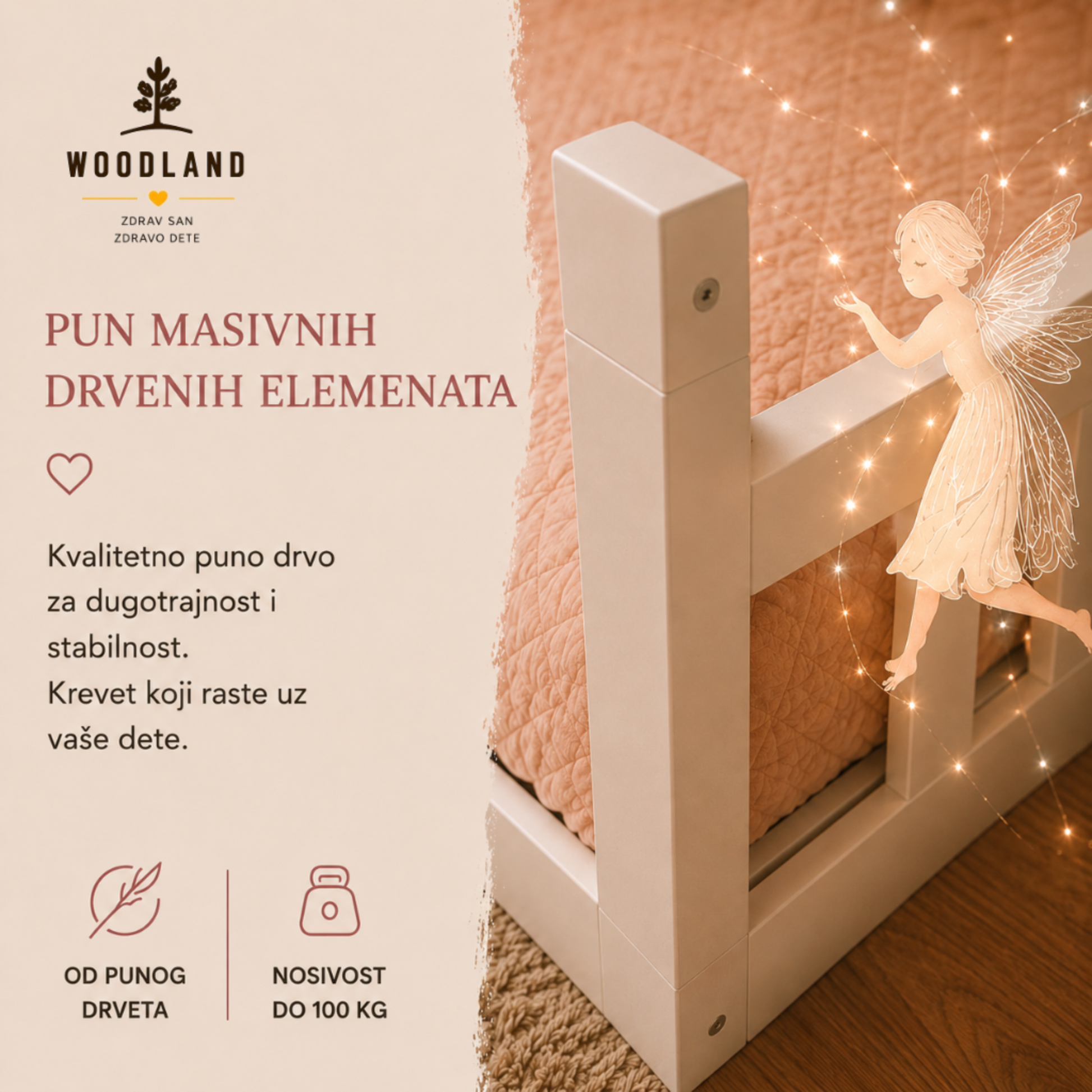 Pun masivnih drvenih elemenata

Detalj zaštitne ogradice kreveta DORI izrađenog od 100% punog drveta. Vizual prikazuje masivnu konstrukciju, stabilnost i nosivost do 100 kg.