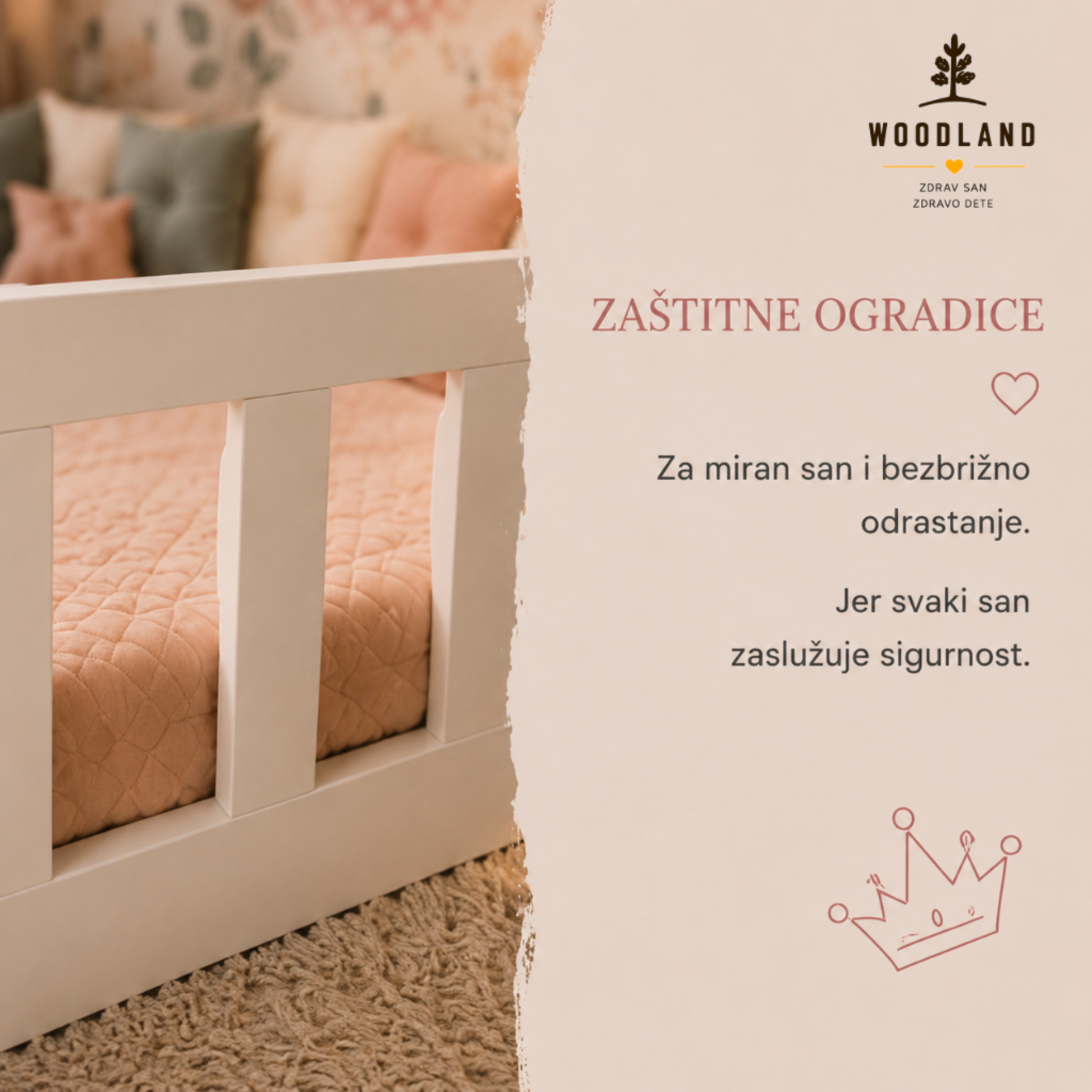 Zaštitne ogradice

Krupan kadar zaštitne ogradice kreveta DORI od punog drveta. Vizual naglašava sigurnost tokom spavanja i bezbrižno odrastanje.


