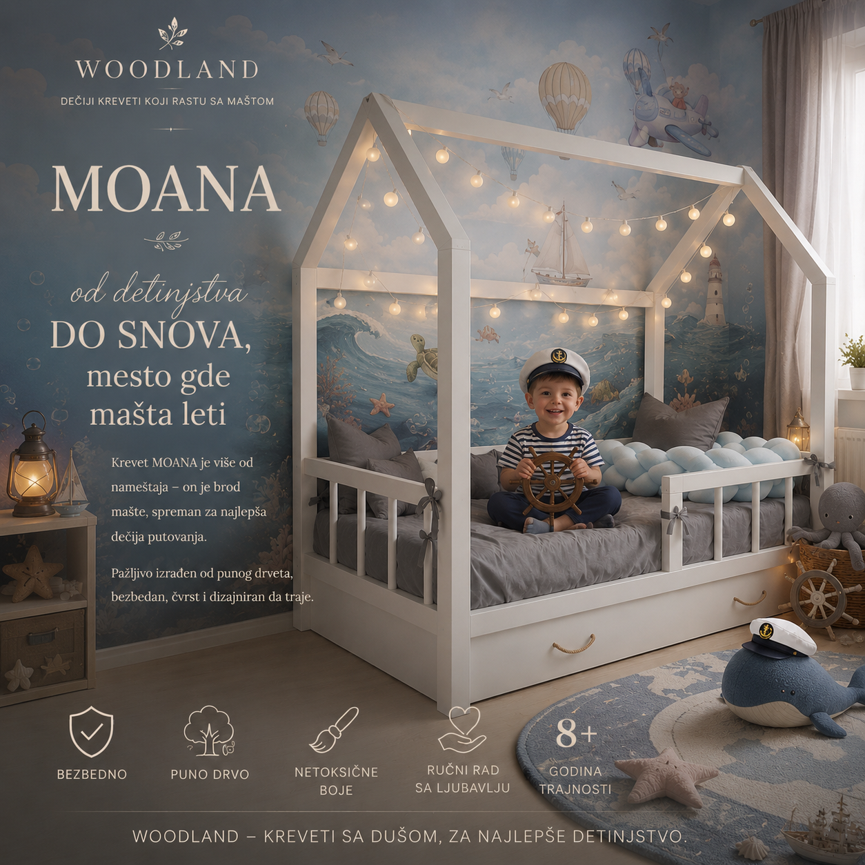 Dečiji krevet kućica MOANA od punog drveta sa fiokom, morska tema za dečiju sobu inspirisana morem, brodovima i avanturama.

