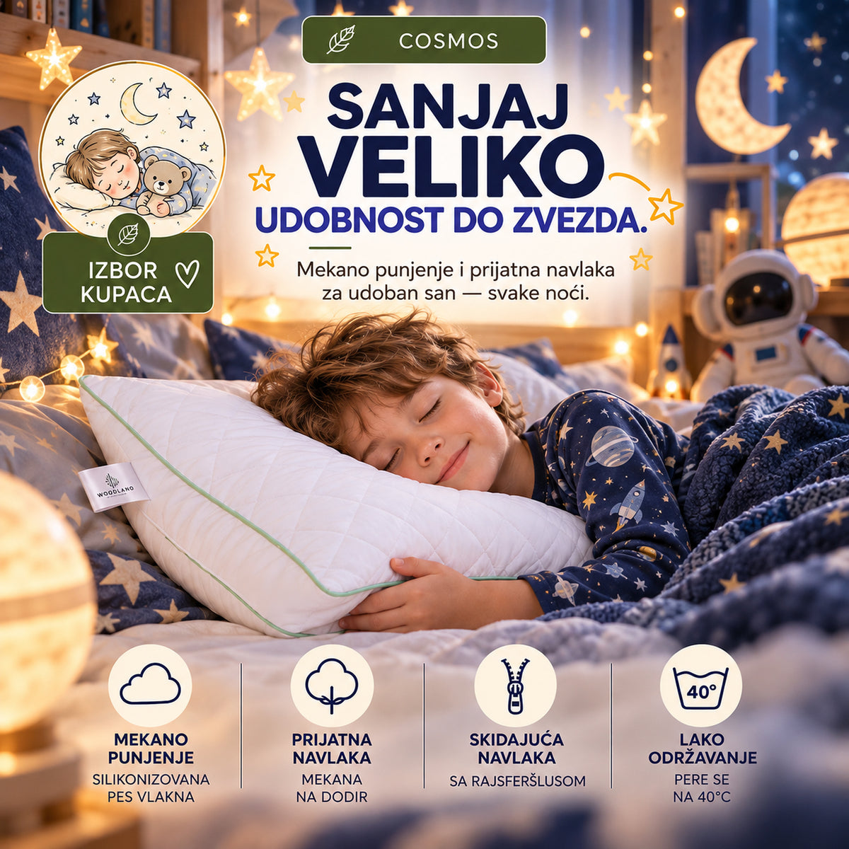 WOODLAND COSMOS klasičan jastuk sa belom navlakom od mikrovlakna, zelenim rubom i skidajućom navlakom koja se pere na 40°C.

