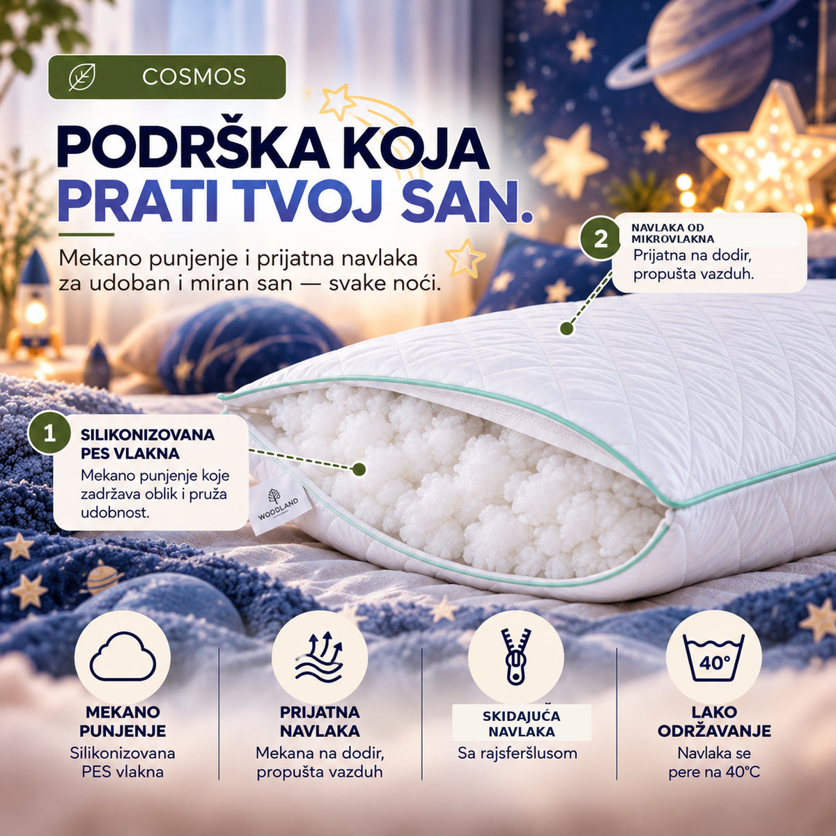 WOODLAND COSMOS klasičan jastuk sa belom navlakom od mikrovlakna, zelenim rubom i skidajućom navlakom koja se pere na 40°C.

