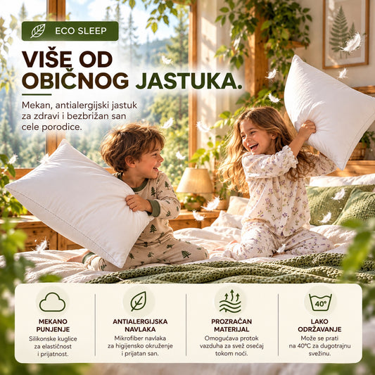WOODLAND ECO SLEEP klasičan jastuk sa belom mikrofiber navlakom, punjenjem od silikonskih kuglica i antialergijskim svojstvima materijala.
