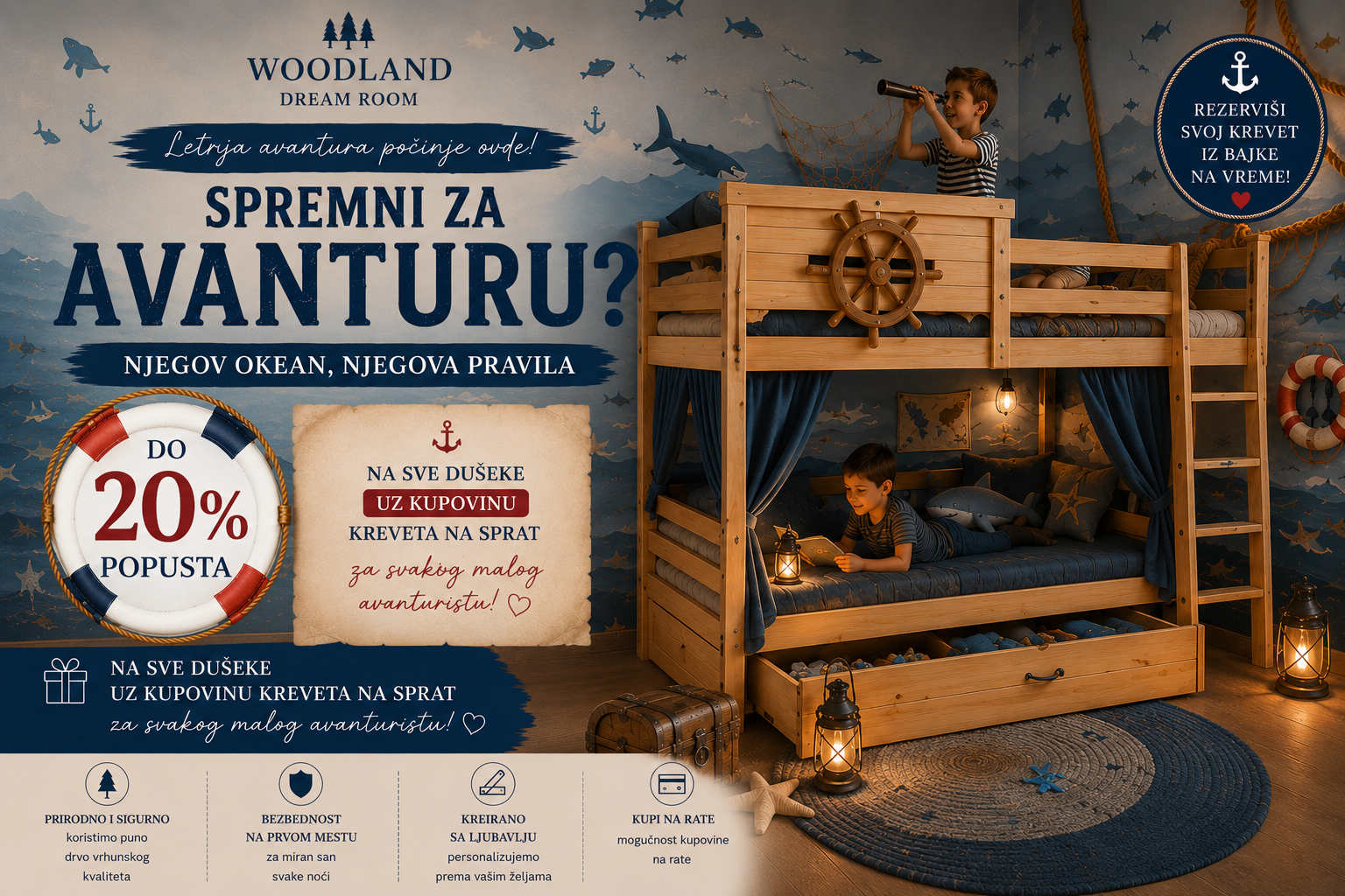 Woodland drveni krevet na sprat u morskoj avanturi sa dečacima kapetanima, plavi morski enterijer, dodatni ležaj na izvlačenje, sezonsko sniženje kreveta na sprat i popust na dečije dušeke uz kupovinu kreveta.

