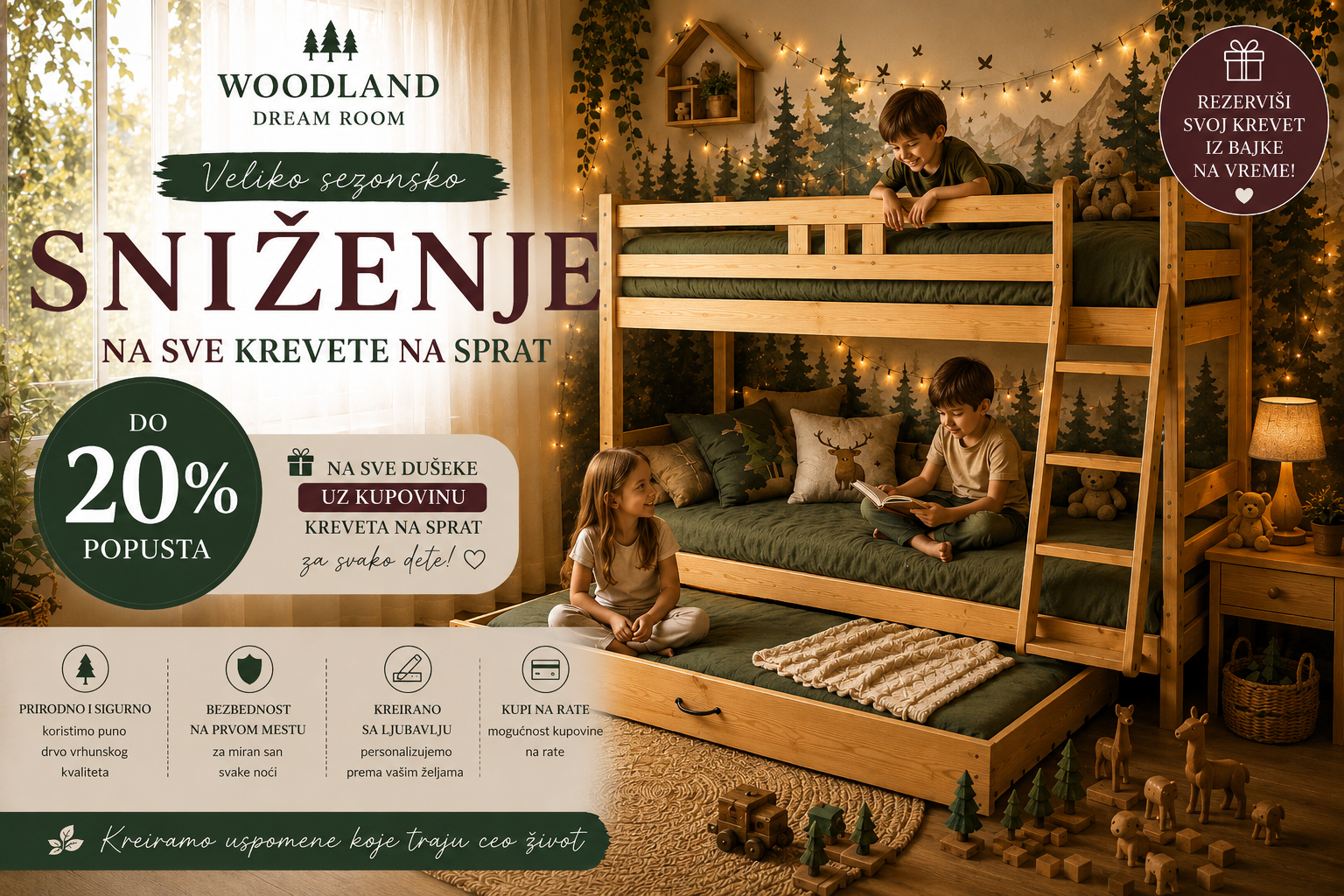 Woodland drveni krevet na sprat od punog drveta sa dodatnim ležajem na izvlačenje, troje dece u bajkovito uređenoj dečijoj sobi, sezonsko sniženje kreveta na sprat i popust na dečije dušeke uz kupovinu kreveta.

