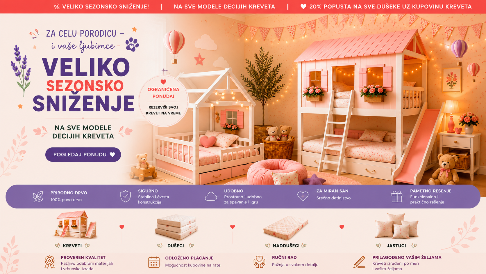 Veliko sezonsko sniženje Woodland Dream Room dečijih kreveta – kućica krevet sa toboganom, dečiji krevet kućica i 20% popusta na dušeke uz kupovinu kreveta.

