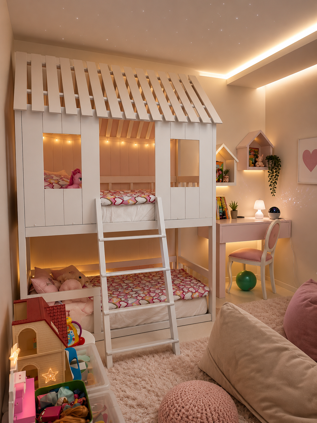 Dečiji krevet na sprat sa mrežom Woodland Dream Room od punog drveta – bezbedan prostor za igru, spavanje i zajedničke trenutke detinjstva.

