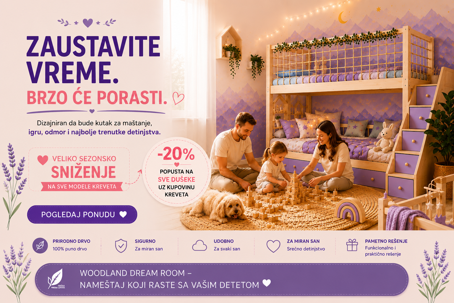 Woodland Dream Room dečiji kreveti od punog drveta za najlepše uspomene detinjstva uz veliko sezonsko sniženje i 20% popusta na dušeke uz kupovinu kreveta.

