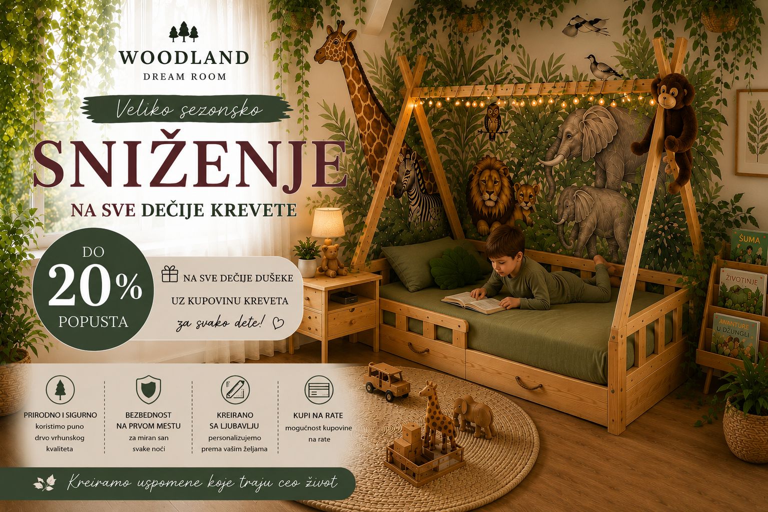 Woodland drveni dečiji vigvam krevet od punog drveta u safari sobi sa zelenim dušekom, dečakom koji čita knjigu i sezonskim sniženjem na dečije krevete.

