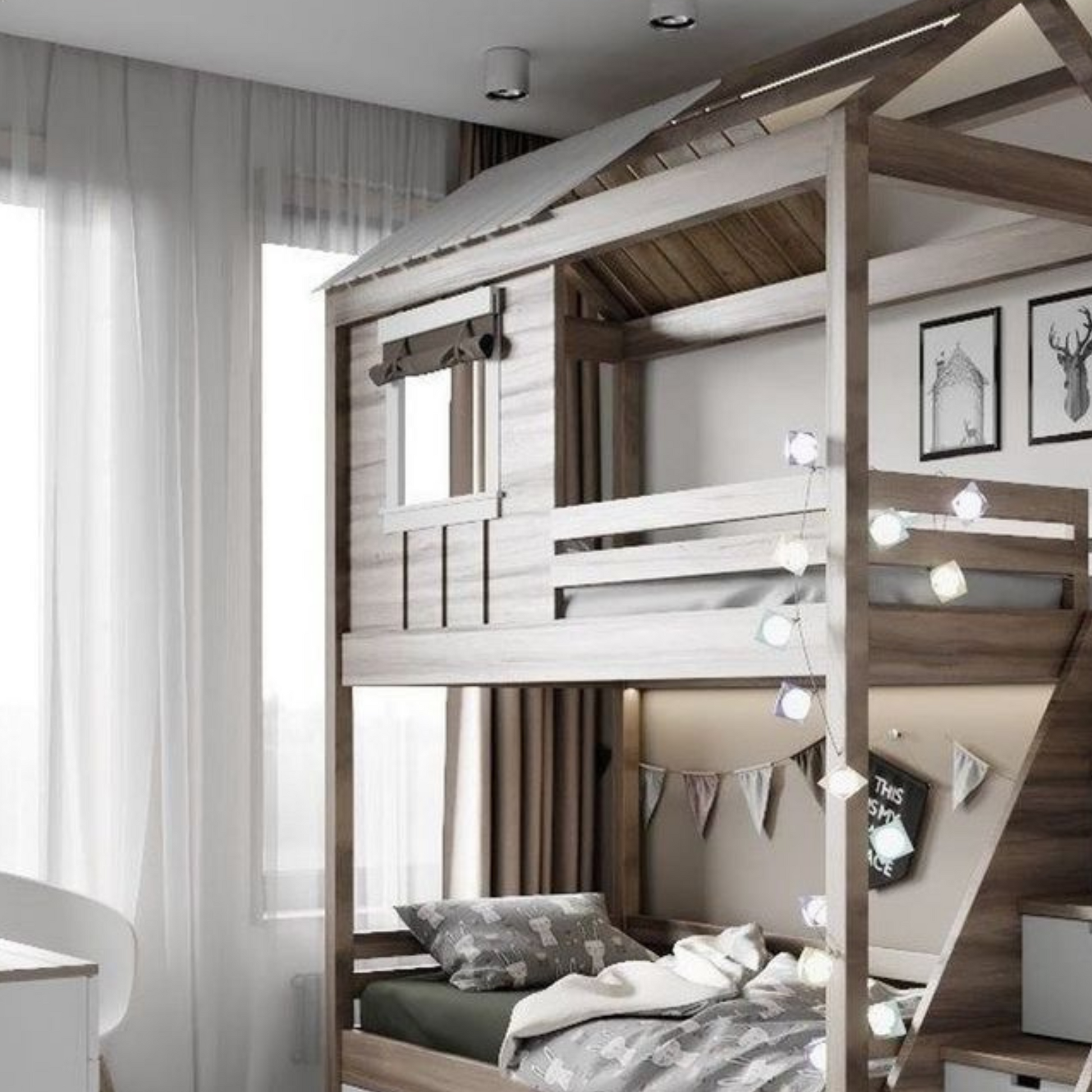 Dečiji kućica krevet na sprat sa stepenicama fiokama AURORA